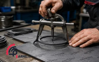 دستگاه گسکت بر دستی در حال برش واشر نسوز گرافیتی در کارگاه صنعتی