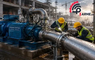 مهندسان در حال بررسی اتصالات لوله های صنعتی هنگام تست هیدرواستاتیک با پمپ برقی
