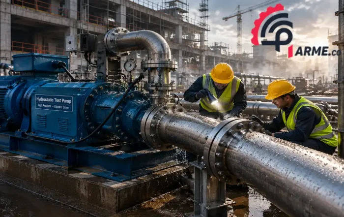 مهندسان در حال بررسی اتصالات لوله های صنعتی هنگام تست هیدرواستاتیک با پمپ برقی