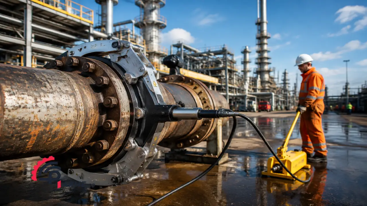  تکنسین های ایمنی در حال استفاده از ابزار فلنج بازکن هیدرولیک روی داربست